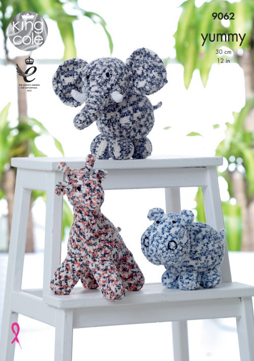 King Cole Knitting Pattern 9062 - Giraffe Hippo Elephant Toys Yummy