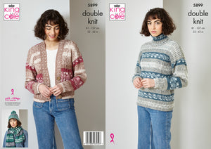 King Cole Knitting Pattern Cardigan, Sweater, Scarf & Hat Knitted in Fjord DK - 5899