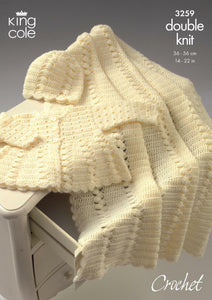 King Cole Crochet Pattern Baby Coat, Shawl & Hat- DK 3259