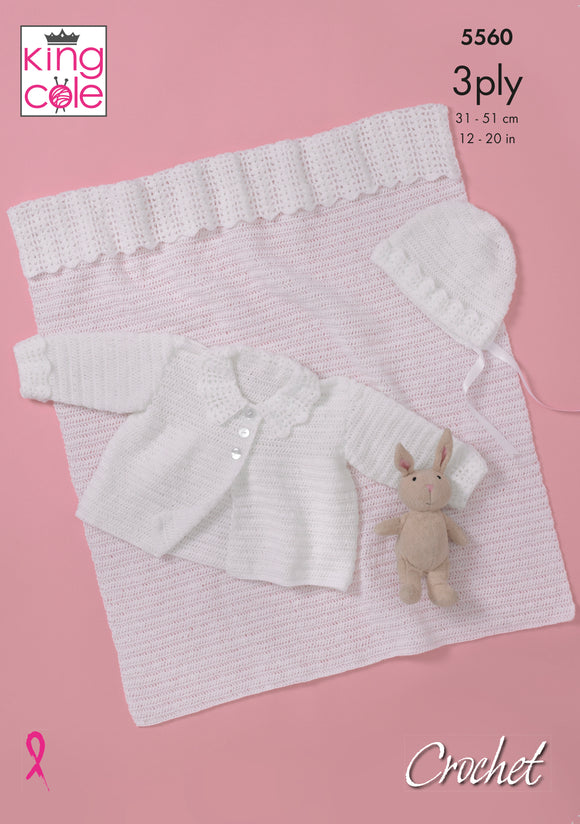 King Cole Crochet Pattern Baby Jacket, Bonnet & Blanket -  3ply 5560