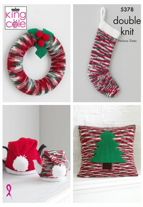 King Cole Knitting Pattern Christmas Wreath, Stocking, Tea Cosy & Cushion Cover - Double Knit 5378
