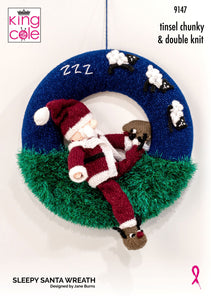 King Cole Knitting Pattern Christmas Sleepy Santa Wreath - Tinsel Chunky & Double Knit 9147