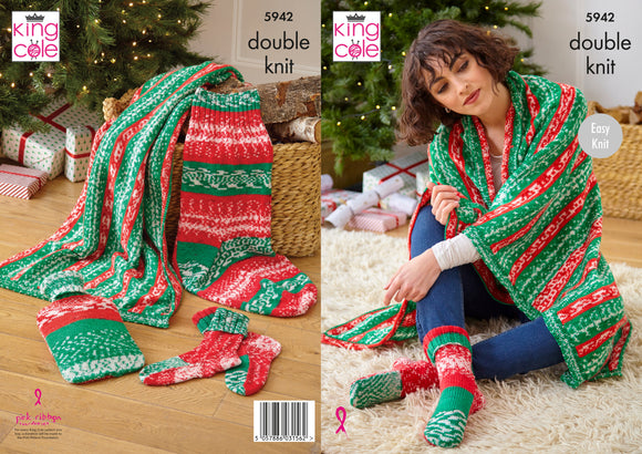 King Cole Knitting Pattern Blanket, Socks, Stocking and Hot Water Bottle Cover: Knitted in King Cole Fjord DK Festive - 5942