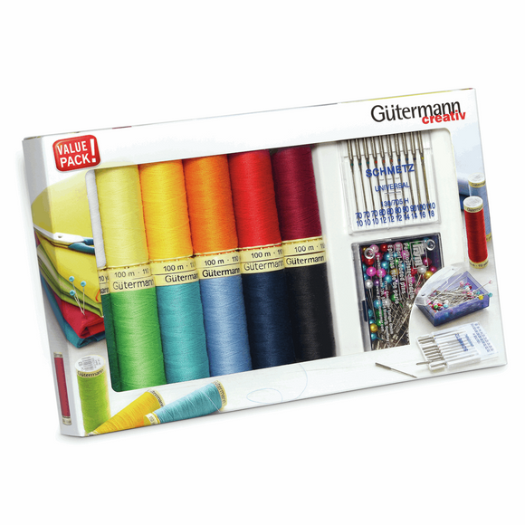 Gutermann Sew All Thread Set with Prym Pins + Sewing Machine Needles - 12 x 100m Reels - 734563