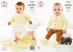 King Cole Knitting Pattern Crossover Cardigan, Hooded Jacket, Bootees & Blanket - DK 5769