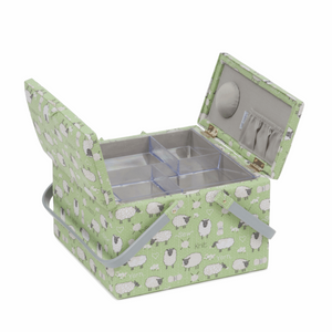 HobbyGift Large Twin Lid Sewing Basket Box - Square - Green Sheep Design