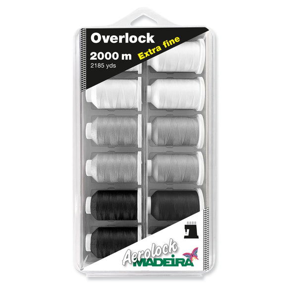 Madeira Overlock Box: Aerolock No.180: 12 x 2,000m: Black, Grey & White Miniking Spools