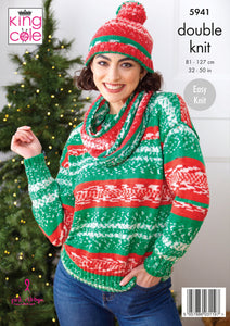 King Cole Knitting Pattern Sweaters, Cowl And Hat: Knitted in King Cole Fjord DK Festive - 5941